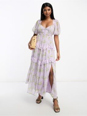 ASOS Design Lilac Ditsy Floral Open Back Midi Tea Dress Size 6 EUC